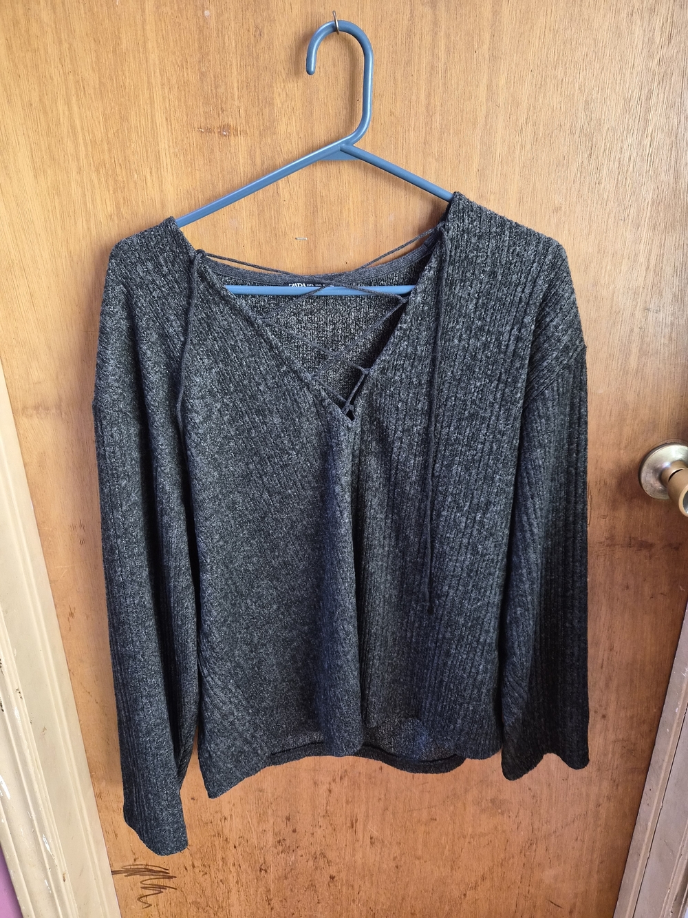 Zara Dark Gray V-Neck Knit Sweater with Lace-Up Detail